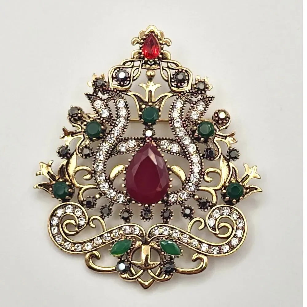 Palace Style Elegant Rhinestone Brooch Red Center Stone Victorian Vibes